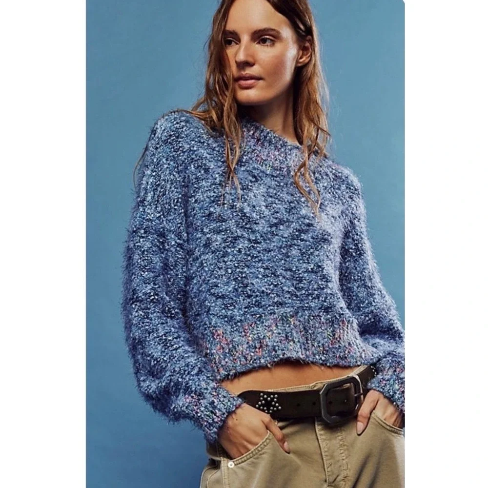 Free People Sweater Women Medium Blue Confetti Eyelash Mockneck OB841656
